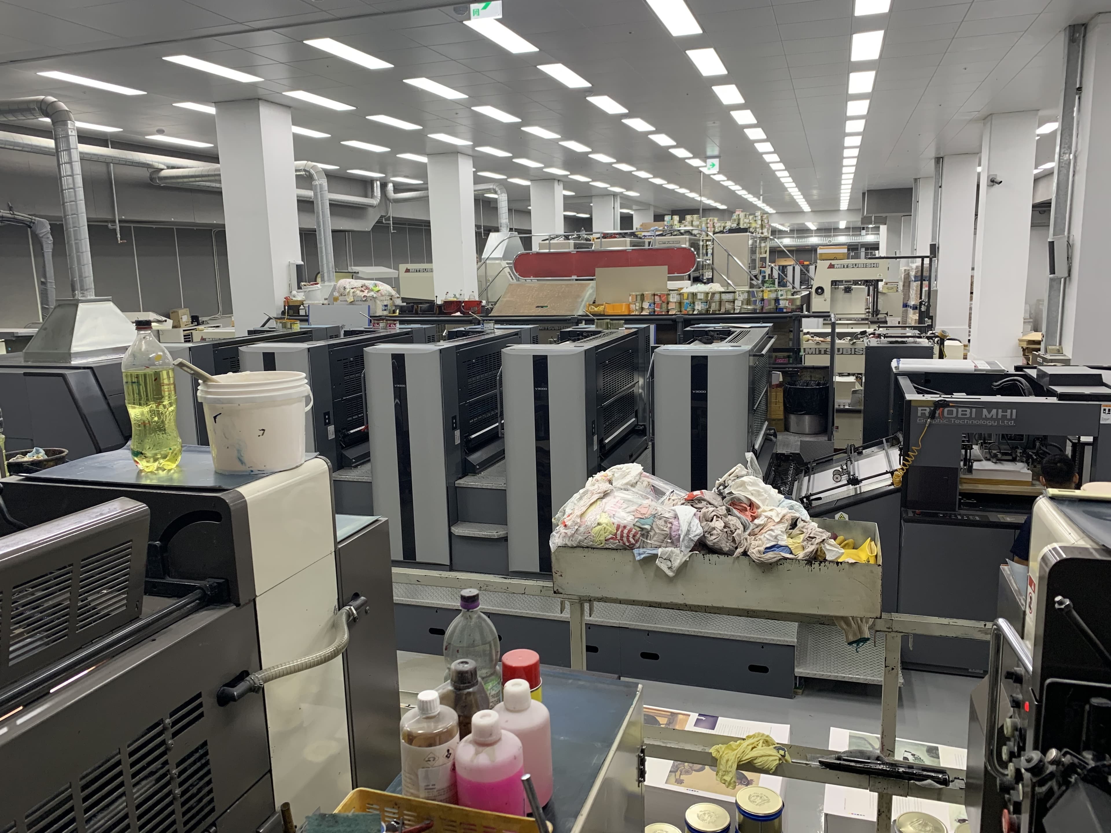 Row of industrial offset press units on the production floor