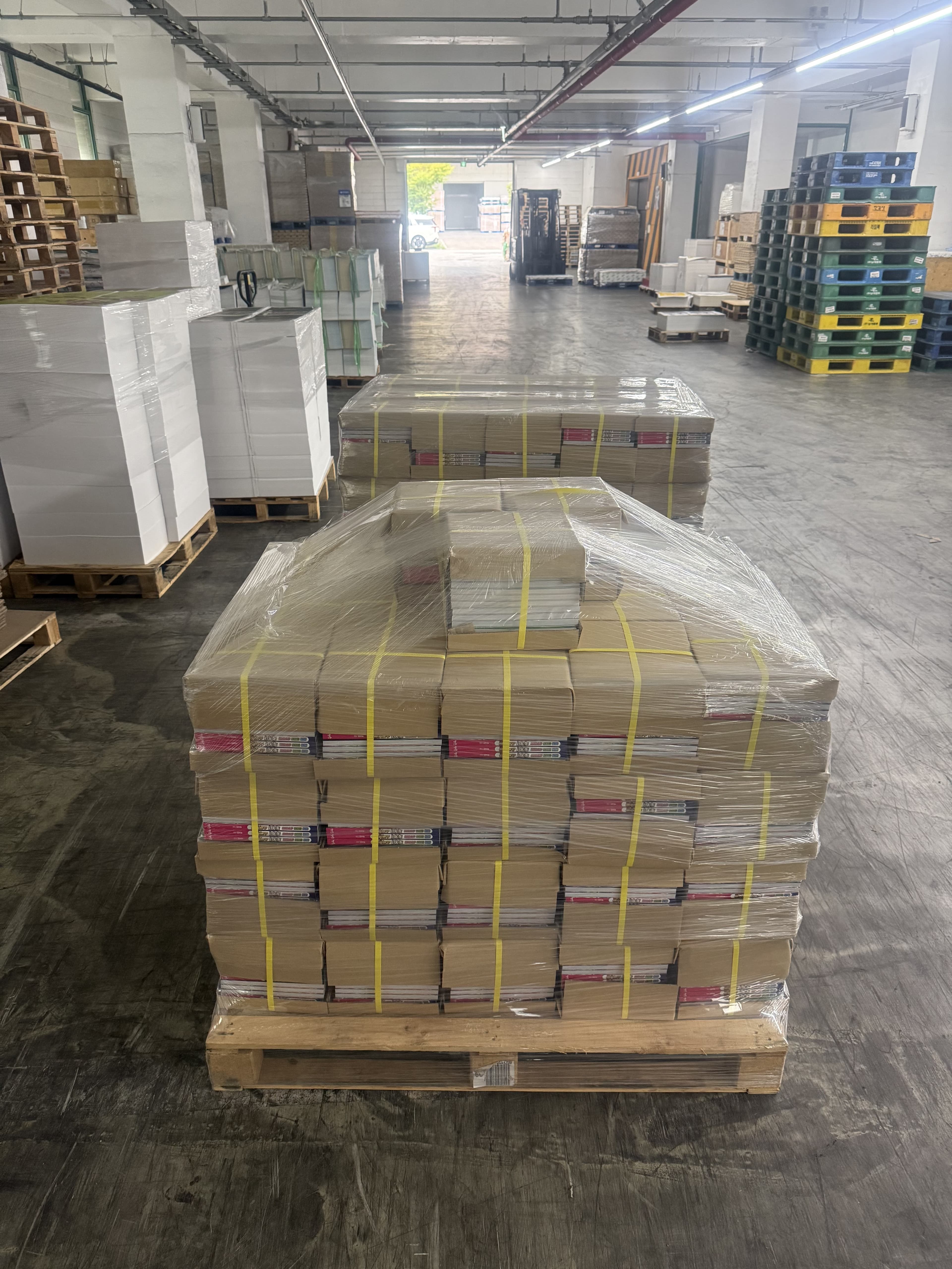 Shrink-wrapped pallets of finished printed copies staged in the warehouse for shipment